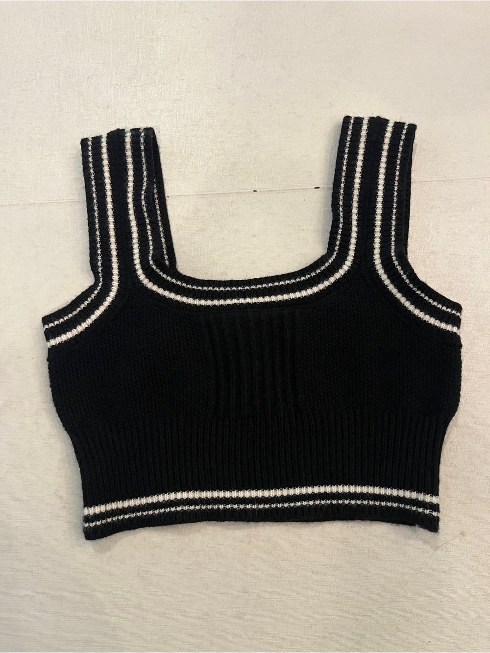Super Preppy Black Knit Tank Crop Top with White Trim. Almost bra top style. GUC